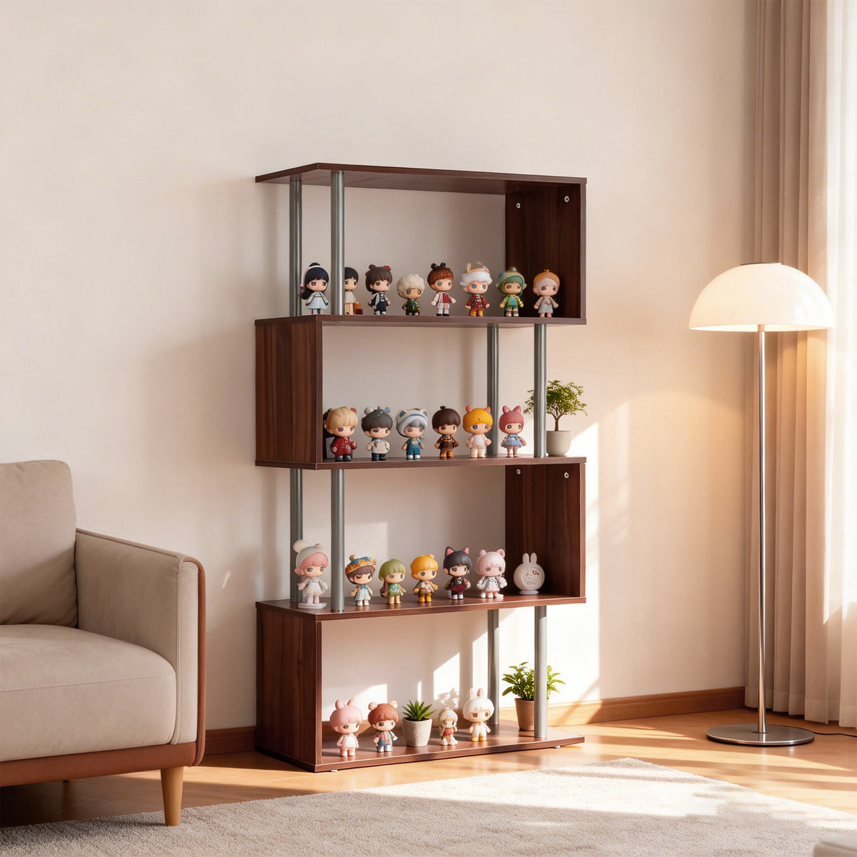 5-Tier S-Shaped Geometric Bookcase - Walnut 57"H-Home Furnishings > Storage & Organization > Bookshelves & Bookcases > Display Bookshelves-DECOROLALA
