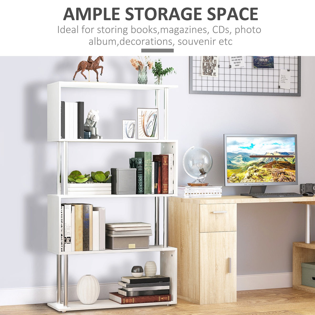 5-Tier S-Shaped Geometric Bookcase - White 57"H-Home Furnishings > Storage & Organization > Bookshelves & Bookcases > Display Bookshelves-DECOROLALA