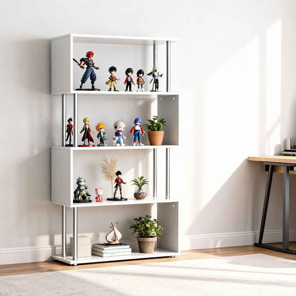 5-Tier S-Shaped Geometric Bookcase - White 57"H-Home Furnishings > Storage & Organization > Bookshelves & Bookcases > Display Bookshelves-DECOROLALA