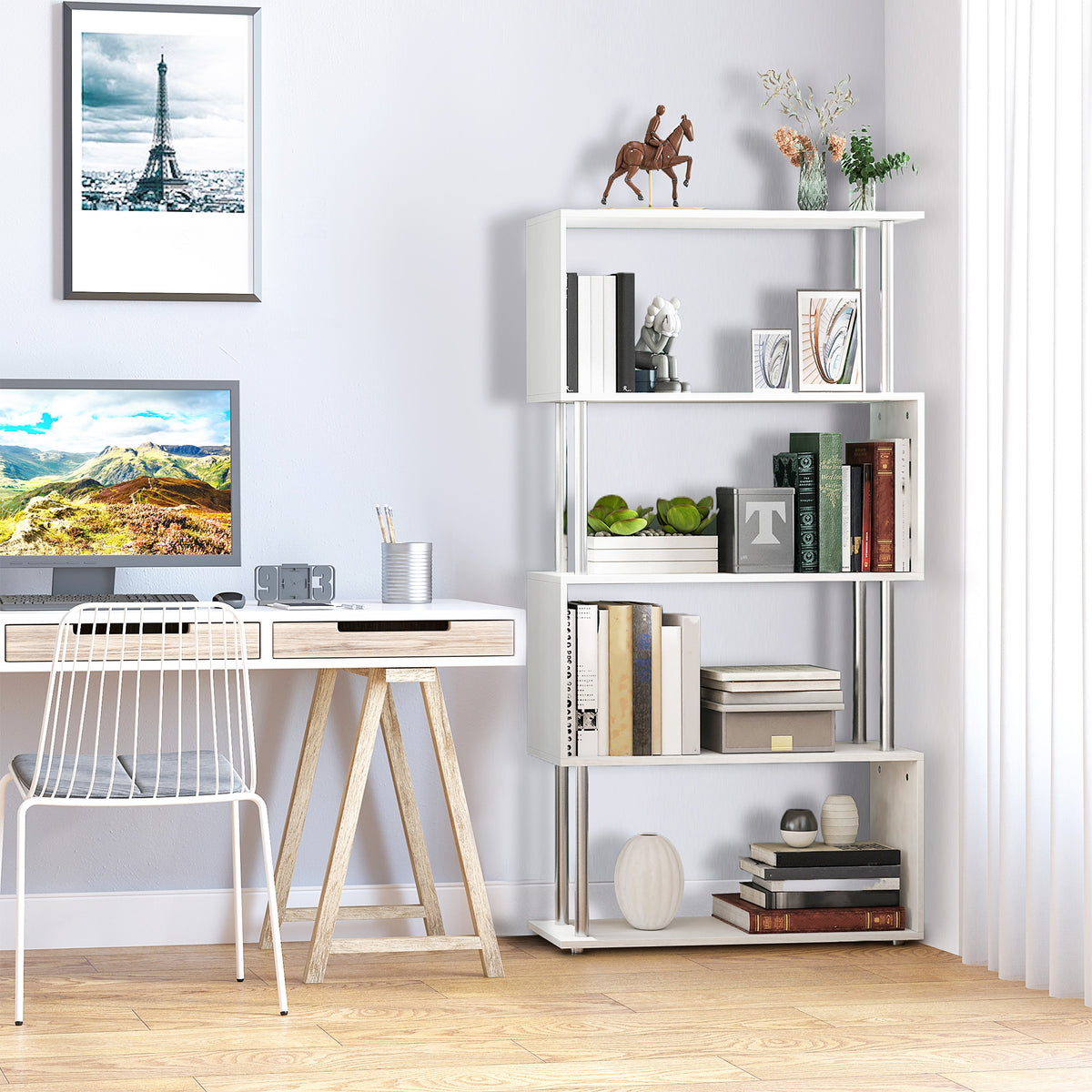 5-Tier S-Shaped Geometric Bookcase - White 57"H-Home Furnishings > Storage & Organization > Bookshelves & Bookcases > Display Bookshelves-DECOROLALA