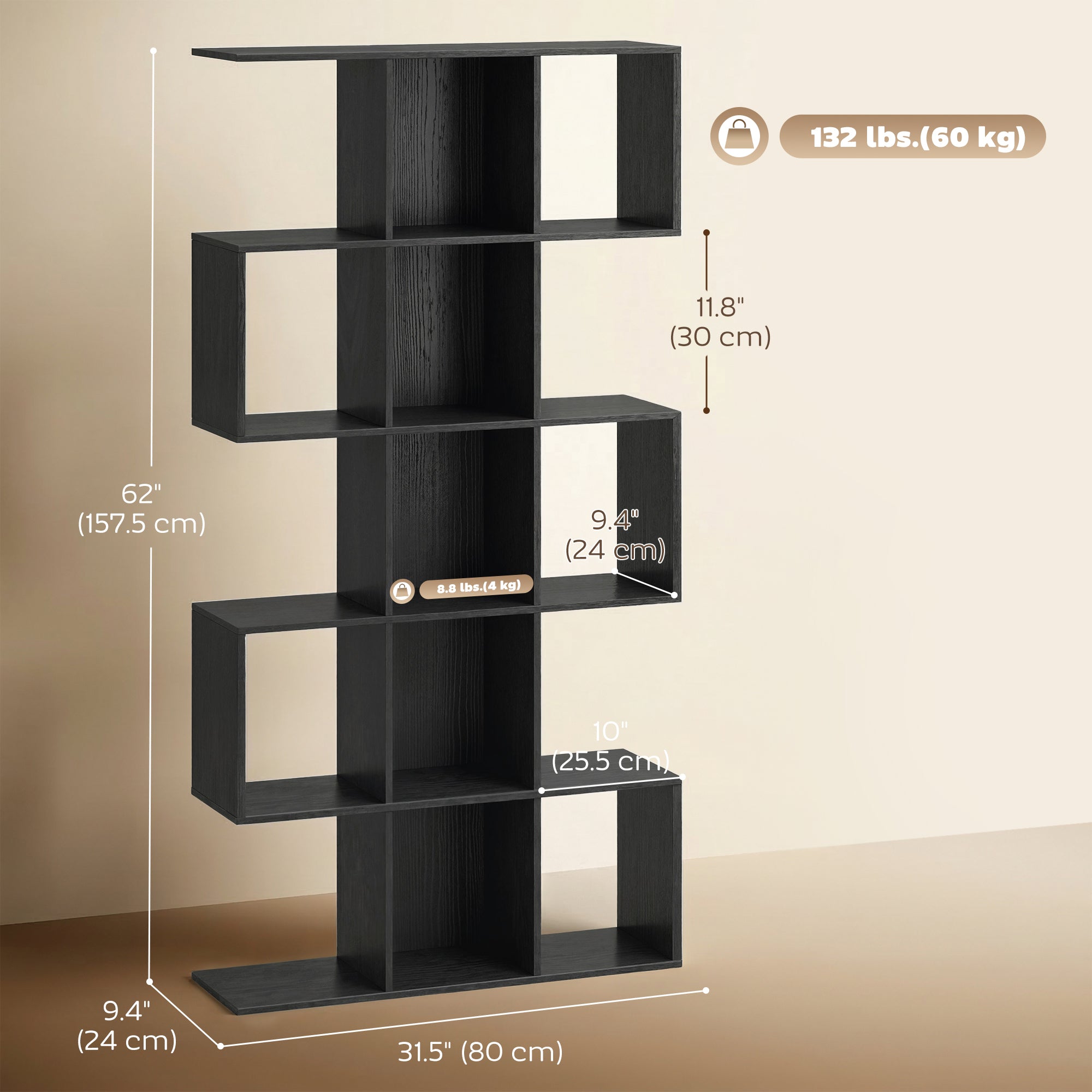 5-Tier S-Shaped Geometric Bookshelf - Black Wood Grain-Home Furnishings > Storage & Organization > Bookshelves & Bookcases > Display Bookshelves-DECOROLALA