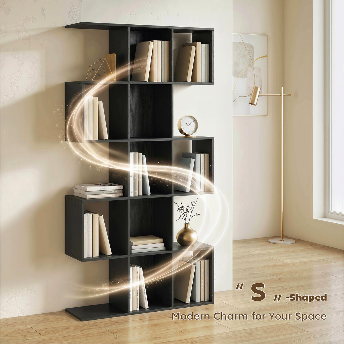 5-Tier S-Shaped Geometric Bookshelf - Black Wood Grain-Home Furnishings > Storage & Organization > Bookshelves & Bookcases > Display Bookshelves-DECOROLALA