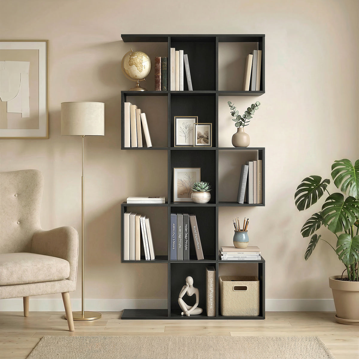 5-Tier S-Shaped Geometric Bookshelf - Black Wood Grain-Home Furnishings > Storage & Organization > Bookshelves & Bookcases > Display Bookshelves-DECOROLALA