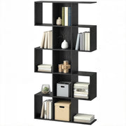 5-Tier S-Shaped Geometric Bookshelf - Black Wood Grain-Home Furnishings > Storage & Organization > Bookshelves & Bookcases > Display Bookshelves-DECOROLALA