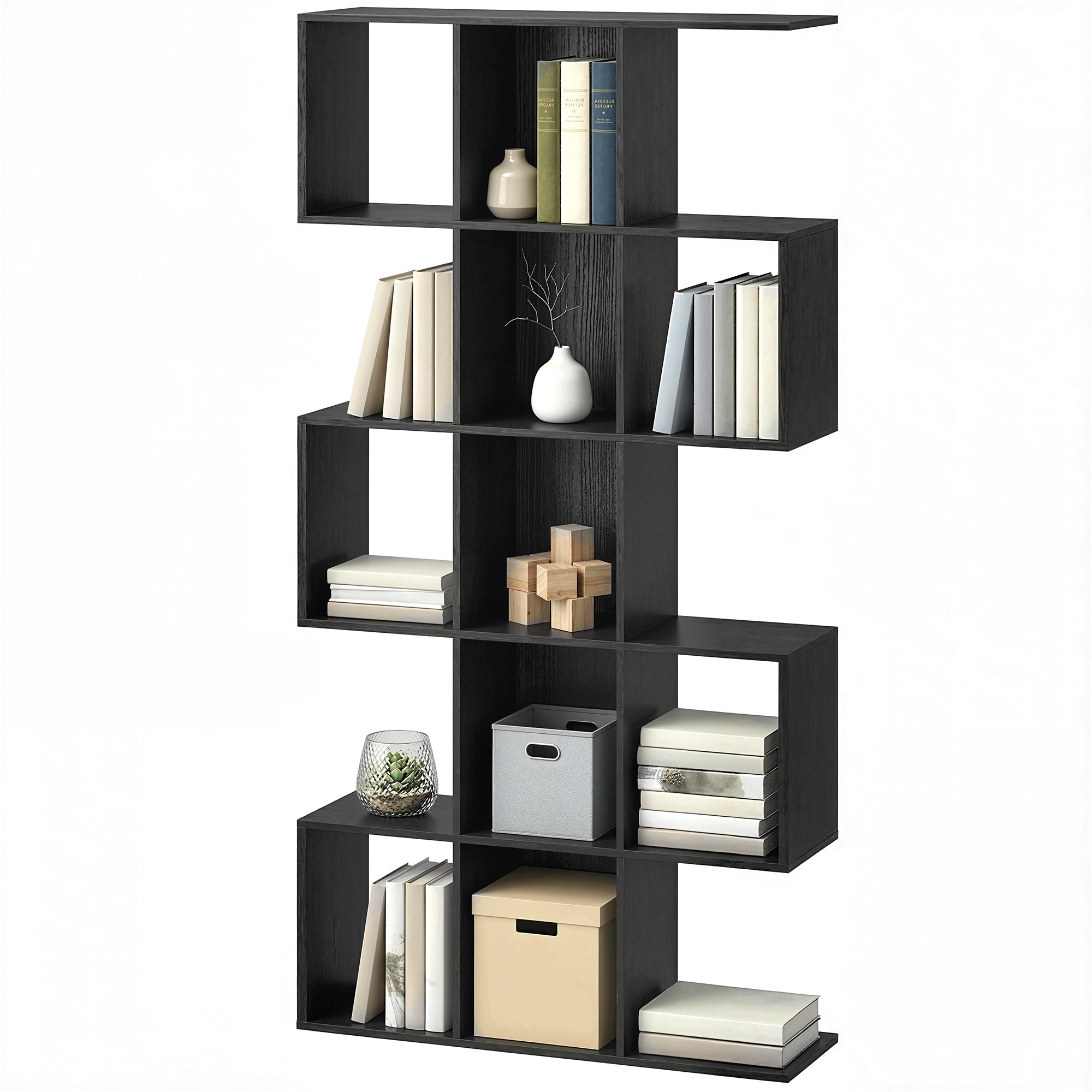 5-Tier S-Shaped Geometric Bookshelf - Black Wood Grain-Home Furnishings > Storage & Organization > Bookshelves & Bookcases > Display Bookshelves-DECOROLALA
