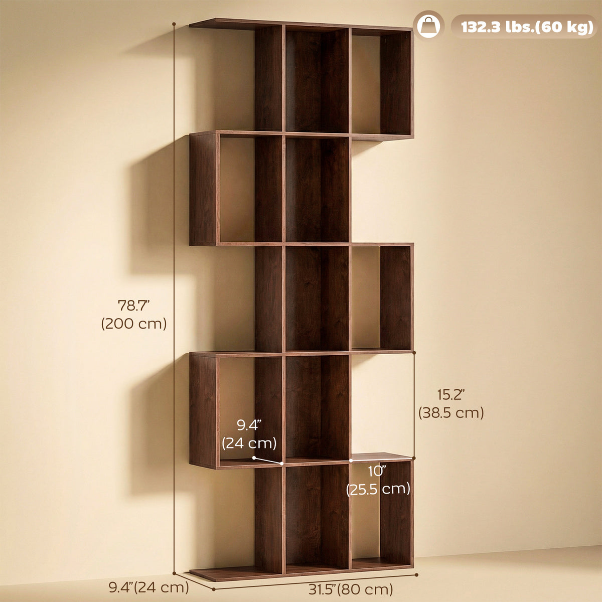 5-Tier S-Shaped Geometric Bookshelf - Brown Wood Grain MDF-Home Furnishings > Storage & Organization > Bookshelves & Bookcases > Display Bookshelves-DECOROLALA