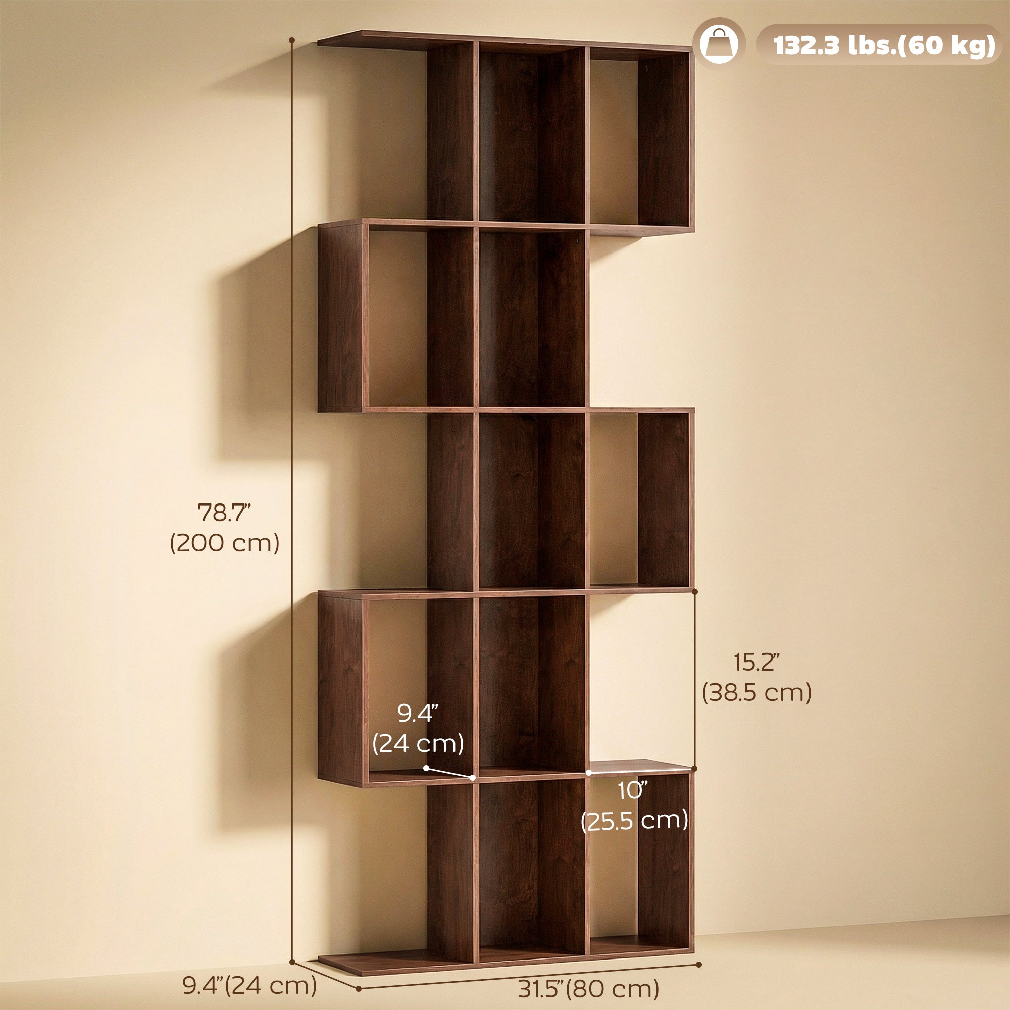 5-Tier S-Shaped Geometric Bookshelf - Brown Wood Grain MDF-Home Furnishings > Storage & Organization > Bookshelves & Bookcases > Display Bookshelves-DECOROLALA