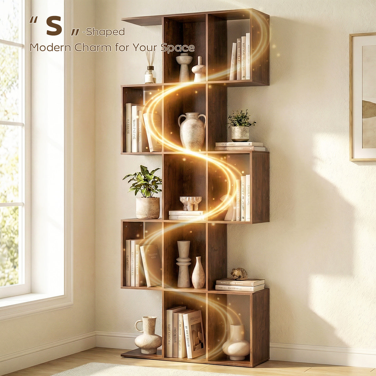 5-Tier S-Shaped Geometric Bookshelf - Brown Wood Grain MDF-Home Furnishings > Storage & Organization > Bookshelves & Bookcases > Display Bookshelves-DECOROLALA