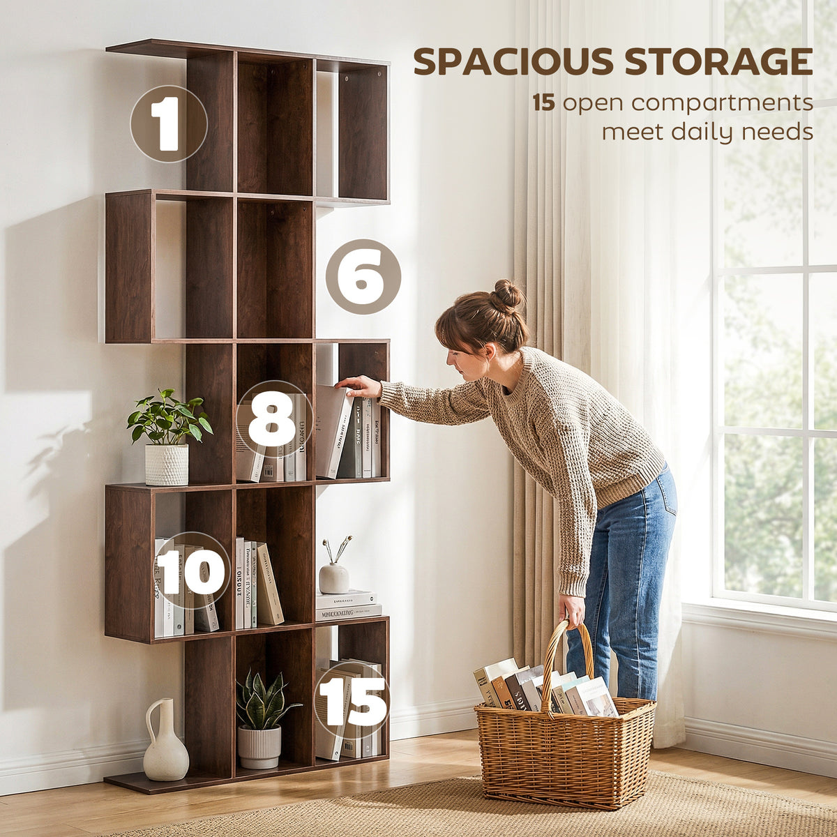5-Tier S-Shaped Geometric Bookshelf - Brown Wood Grain MDF-Home Furnishings > Storage & Organization > Bookshelves & Bookcases > Display Bookshelves-DECOROLALA