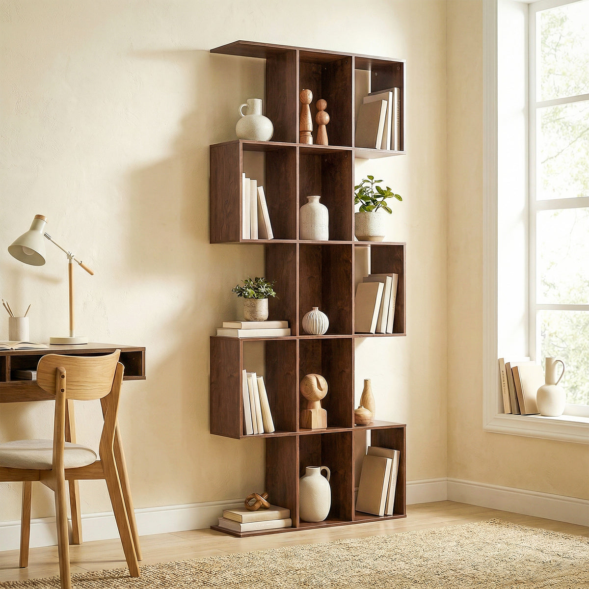 5-Tier S-Shaped Geometric Bookshelf - Brown Wood Grain MDF-Home Furnishings > Storage & Organization > Bookshelves & Bookcases > Display Bookshelves-DECOROLALA