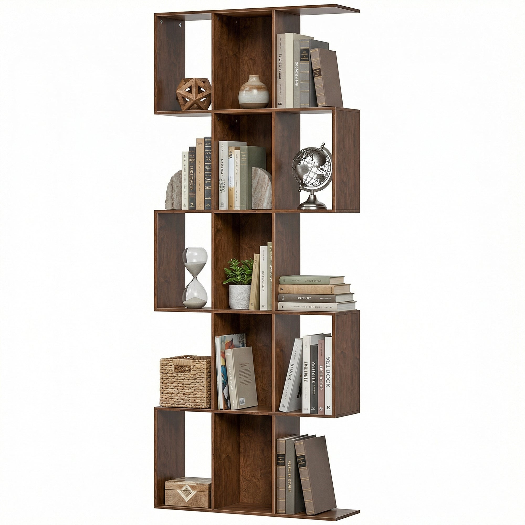 5-Tier S-Shaped Geometric Bookshelf - Brown Wood Grain MDF-Home Furnishings > Storage & Organization > Bookshelves & Bookcases > Display Bookshelves-DECOROLALA