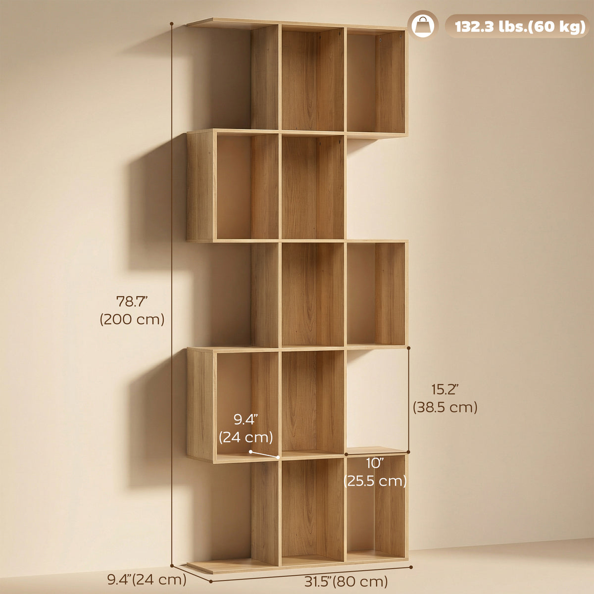 5-Tier S-Shaped Geometric Bookshelf - Oak 79" H-Home Furnishings > Storage & Organization > Bookshelves & Bookcases > Display Bookshelves-DECOROLALA