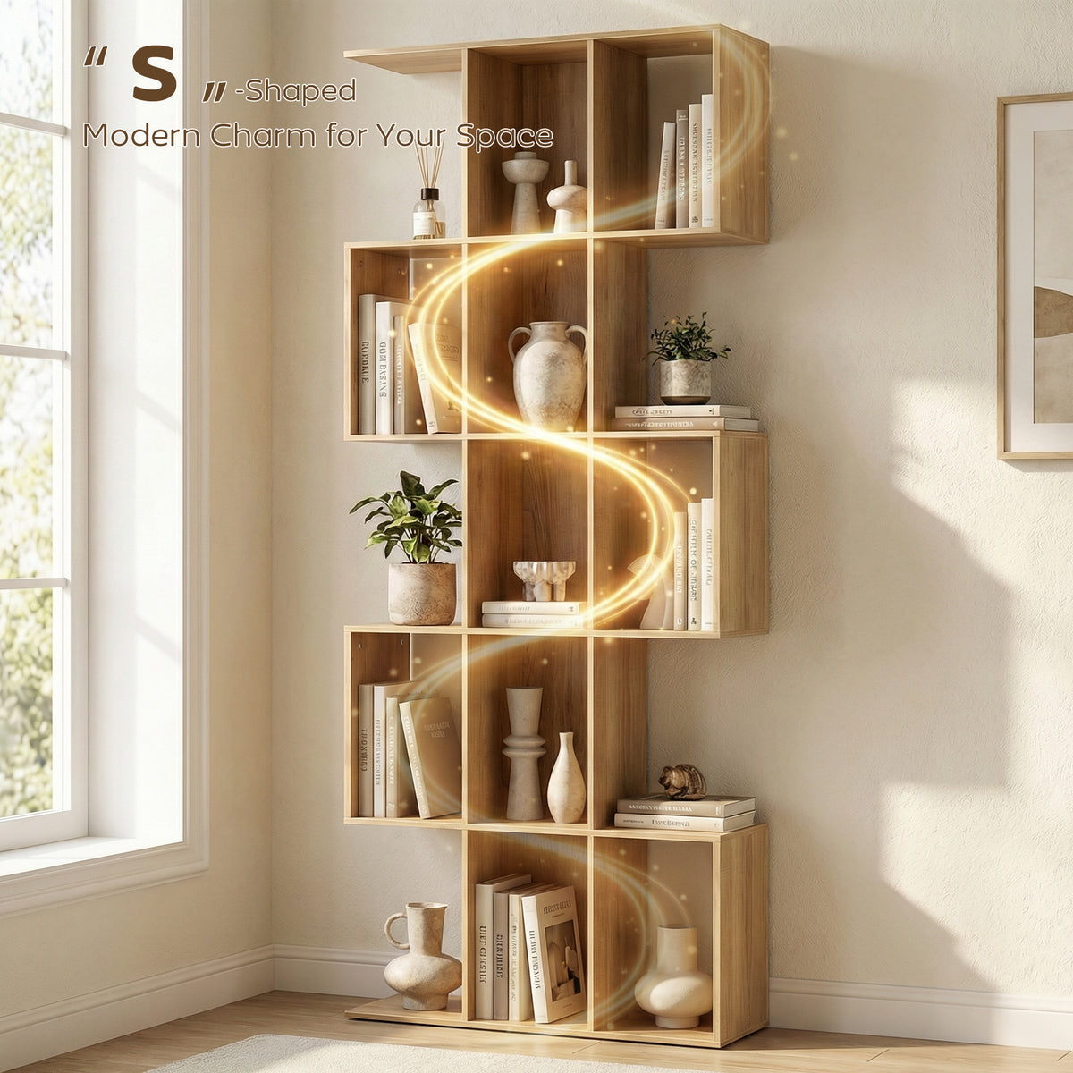 5-Tier S-Shaped Geometric Bookshelf - Oak 79" H-Home Furnishings > Storage & Organization > Bookshelves & Bookcases > Display Bookshelves-DECOROLALA