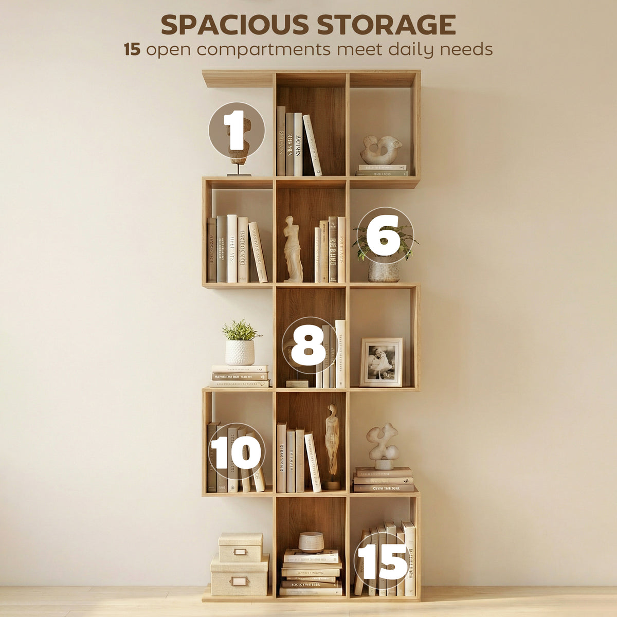 5-Tier S-Shaped Geometric Bookshelf - Oak 79" H-Home Furnishings > Storage & Organization > Bookshelves & Bookcases > Display Bookshelves-DECOROLALA