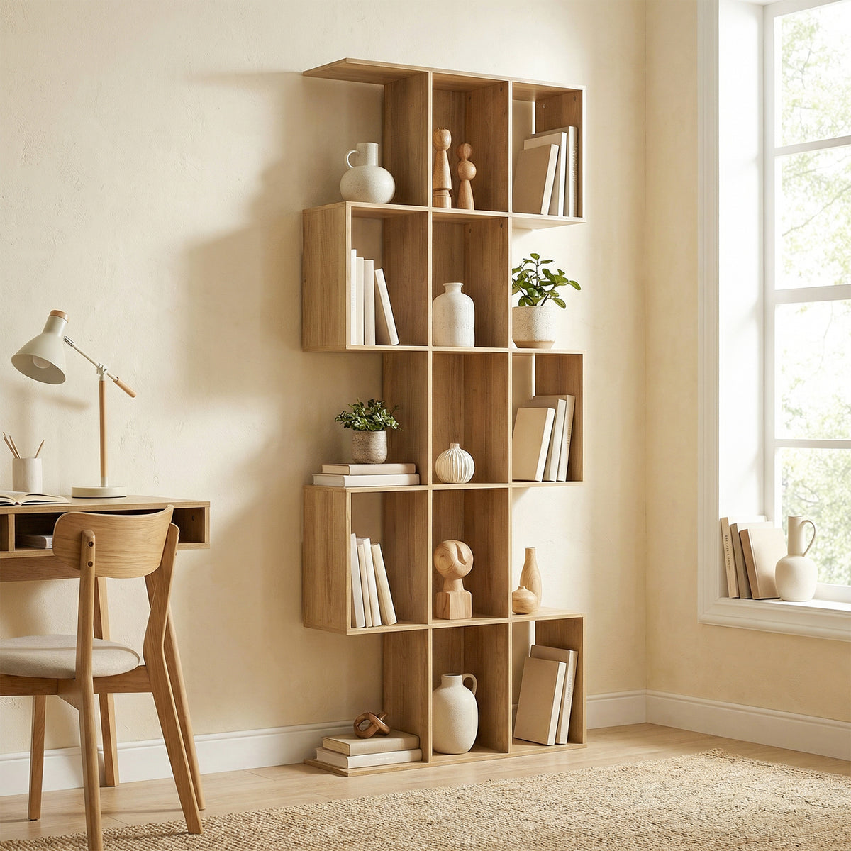 5-Tier S-Shaped Geometric Bookshelf - Oak 79" H-Home Furnishings > Storage & Organization > Bookshelves & Bookcases > Display Bookshelves-DECOROLALA