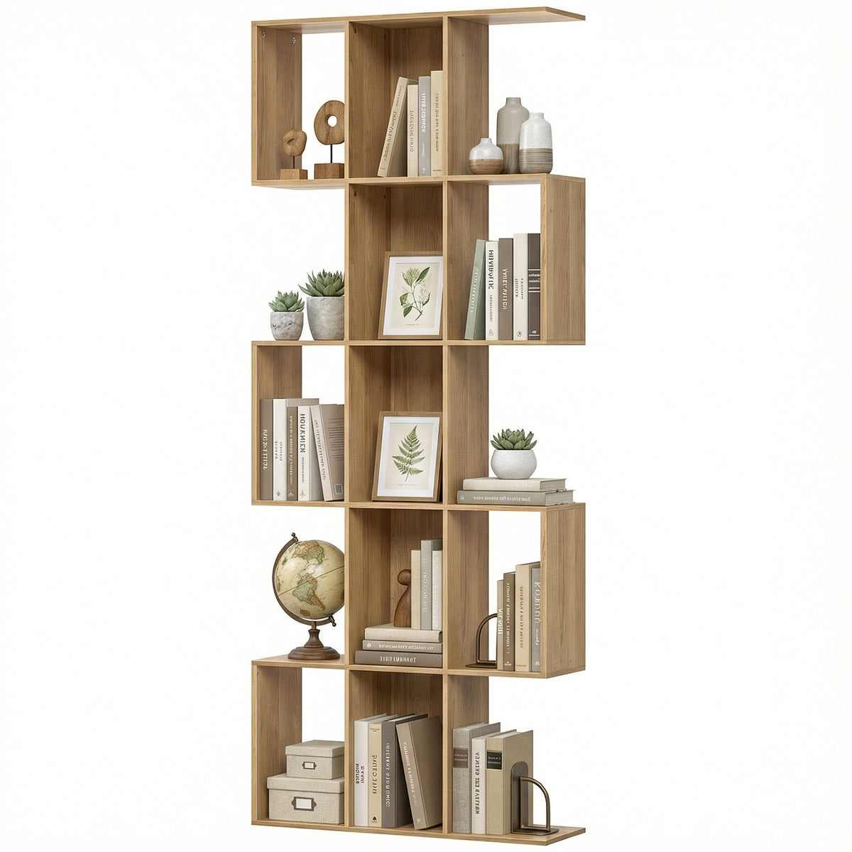 5-Tier S-Shaped Geometric Bookshelf - Oak 79" H-Home Furnishings > Storage & Organization > Bookshelves & Bookcases > Display Bookshelves-DECOROLALA