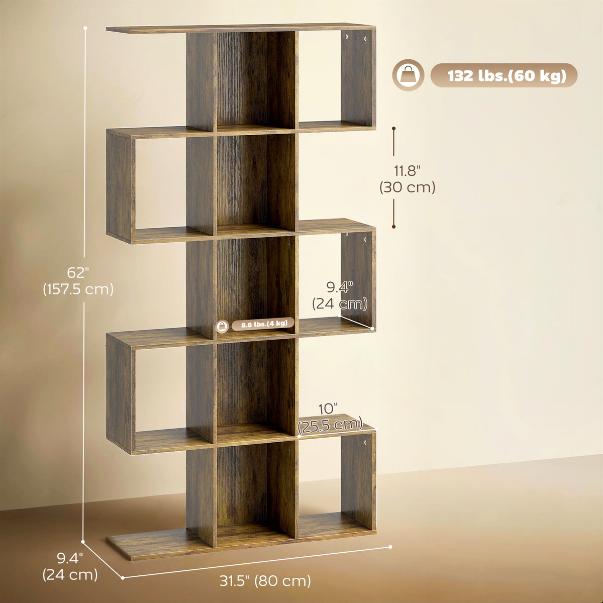 5-Tier S-Shaped Geometric Bookshelf - Rustic Brown MDF-Home Furnishings > Storage & Organization > Bookshelves & Bookcases > Display Bookshelves-DECOROLALA
