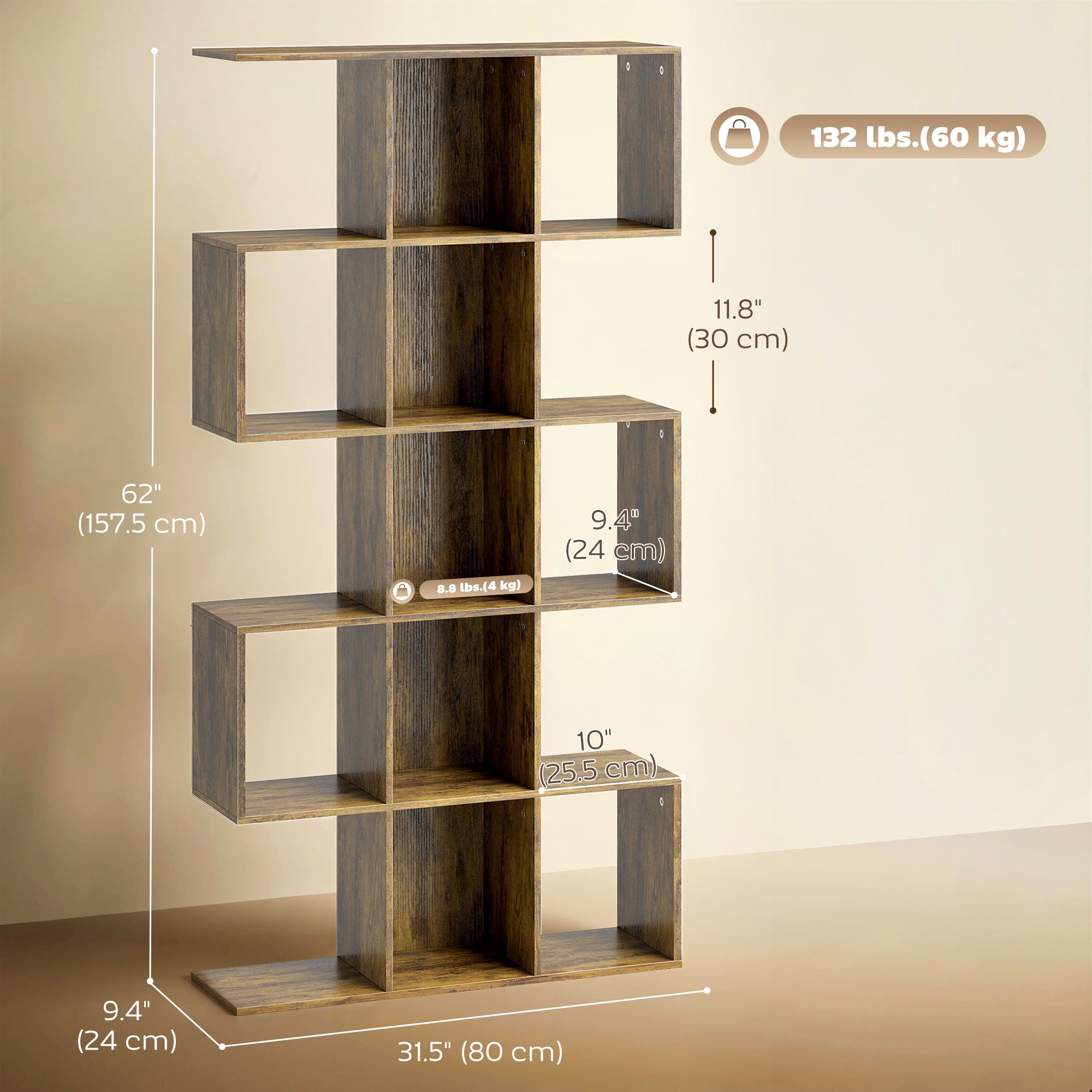 5-Tier S-Shaped Geometric Bookshelf - Rustic Brown MDF-Home Furnishings > Storage & Organization > Bookshelves & Bookcases > Display Bookshelves-DECOROLALA