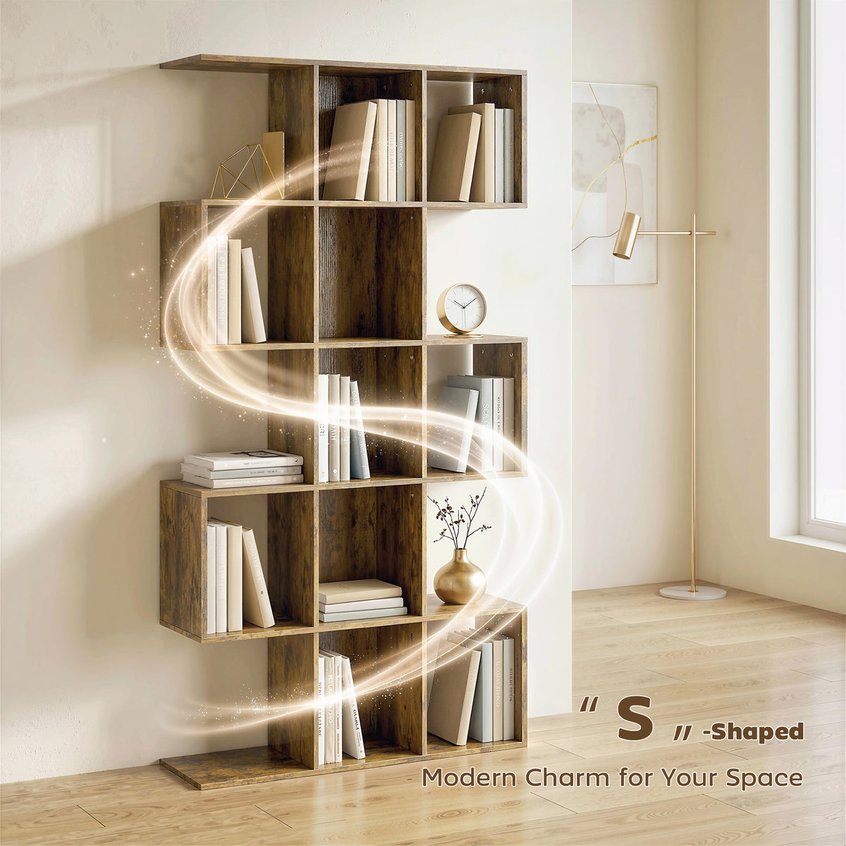 5-Tier S-Shaped Geometric Bookshelf - Rustic Brown MDF-Home Furnishings > Storage & Organization > Bookshelves & Bookcases > Display Bookshelves-DECOROLALA