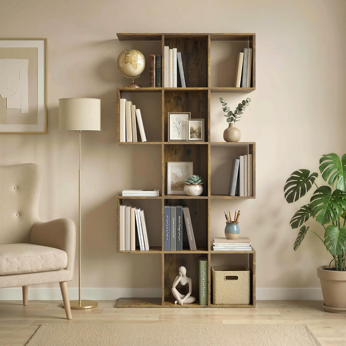 5-Tier S-Shaped Geometric Bookshelf - Rustic Brown MDF-Home Furnishings > Storage & Organization > Bookshelves & Bookcases > Display Bookshelves-DECOROLALA