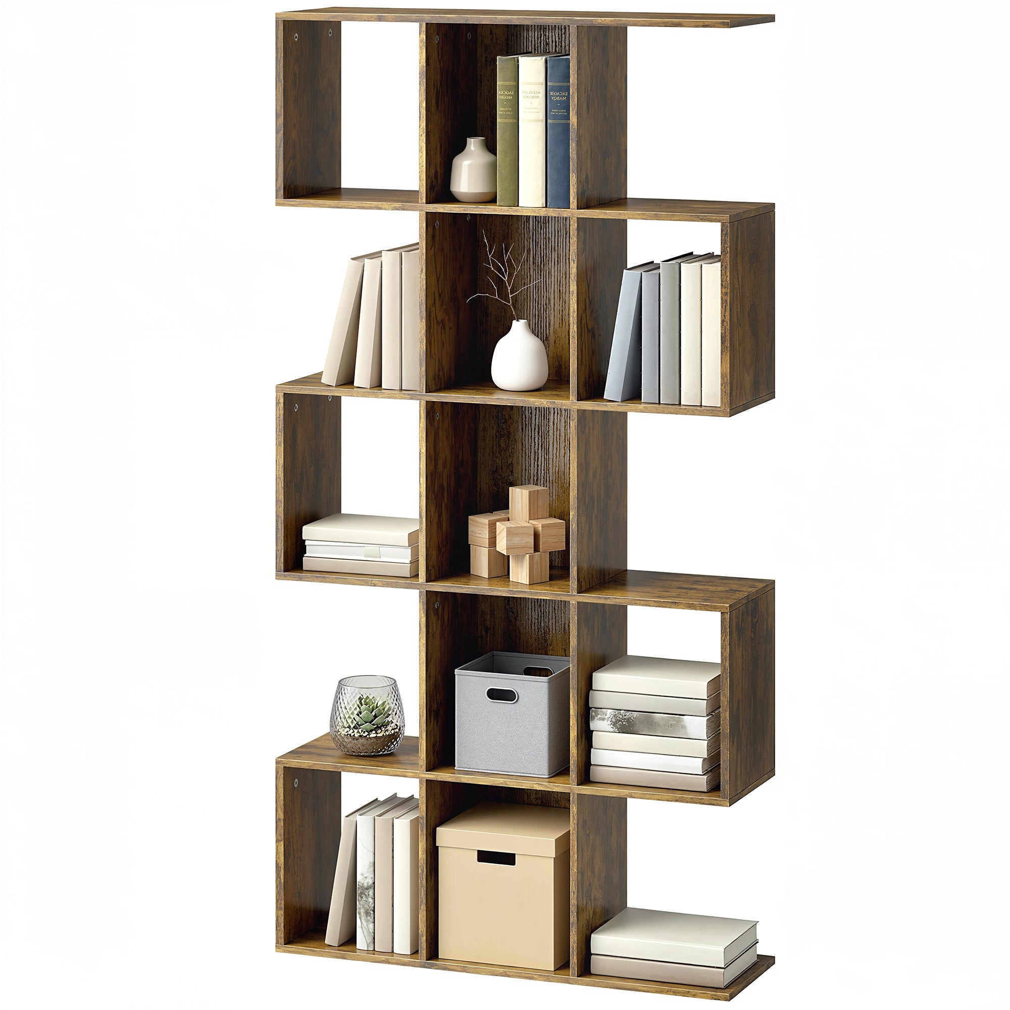 5-Tier S-Shaped Geometric Bookshelf - Rustic Brown MDF-Home Furnishings > Storage & Organization > Bookshelves & Bookcases > Display Bookshelves-DECOROLALA