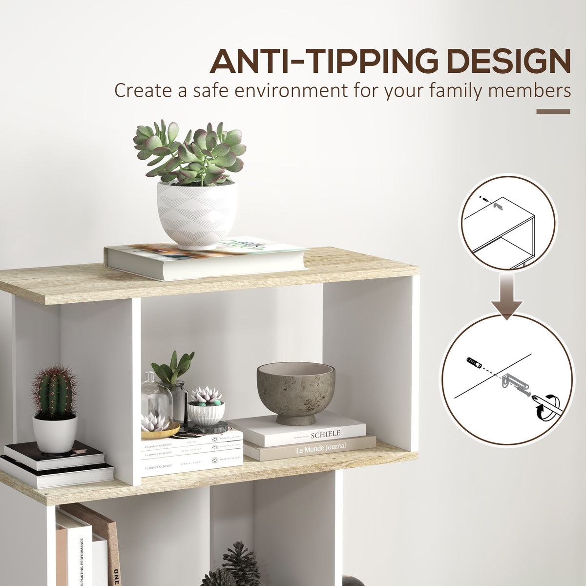 5-Tier S-Shaped Geometric Bookshelf - White 64" Tall-Display Bookshelves-DECOROLALA