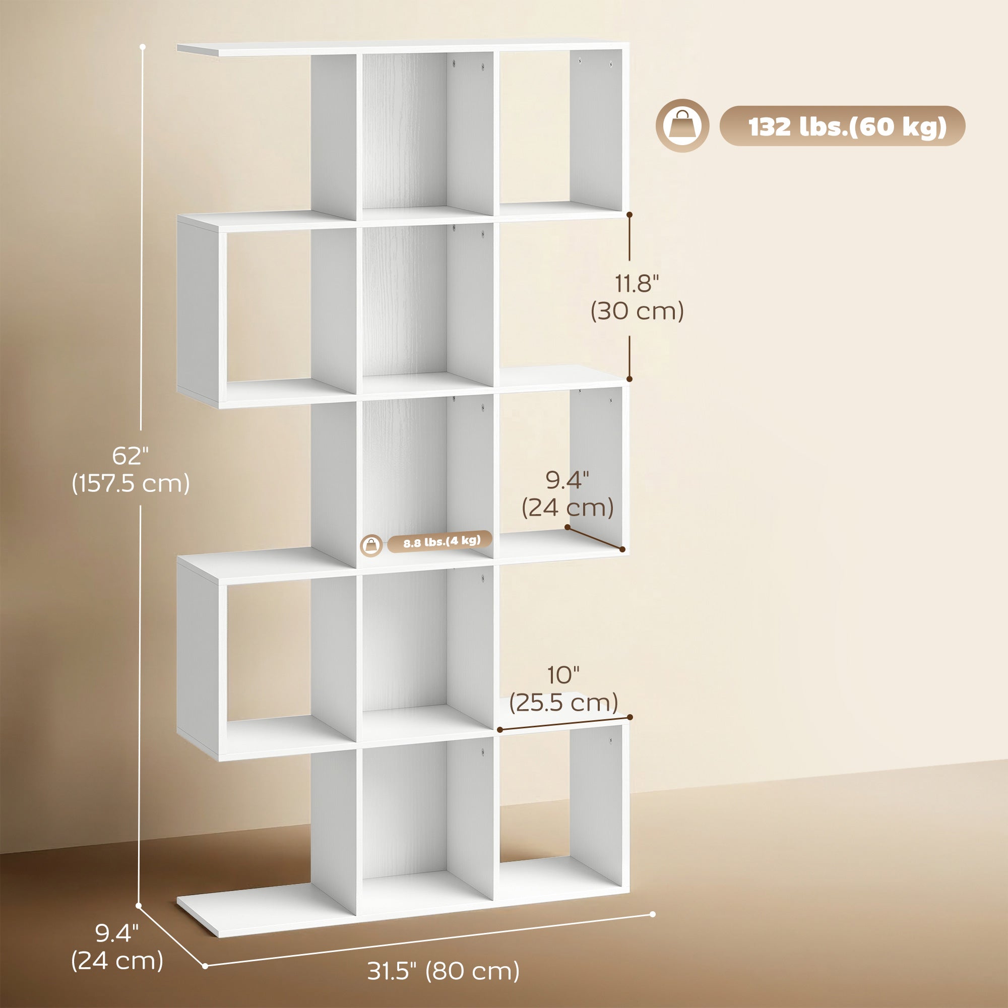 5-Tier S-Shaped Geometric Bookshelf - White Wood Grain 62" H-Home Furnishings > Storage & Organization > Bookshelves & Bookcases > Display Bookshelves-DECOROLALA