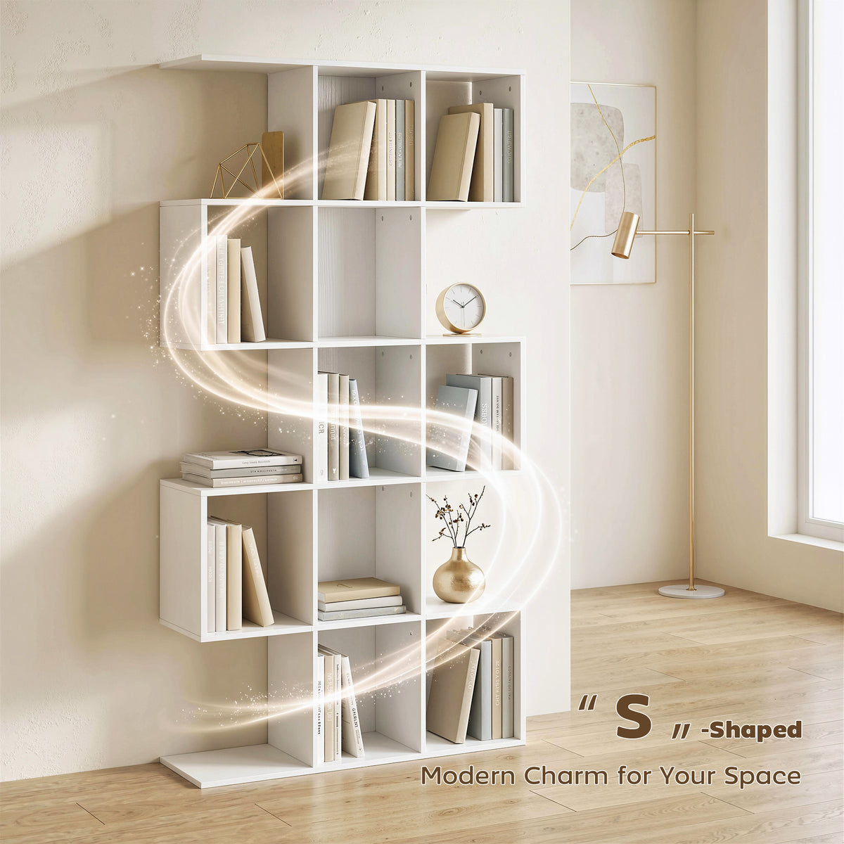 5-Tier S-Shaped Geometric Bookshelf - White Wood Grain 62" H-Home Furnishings > Storage & Organization > Bookshelves & Bookcases > Display Bookshelves-DECOROLALA