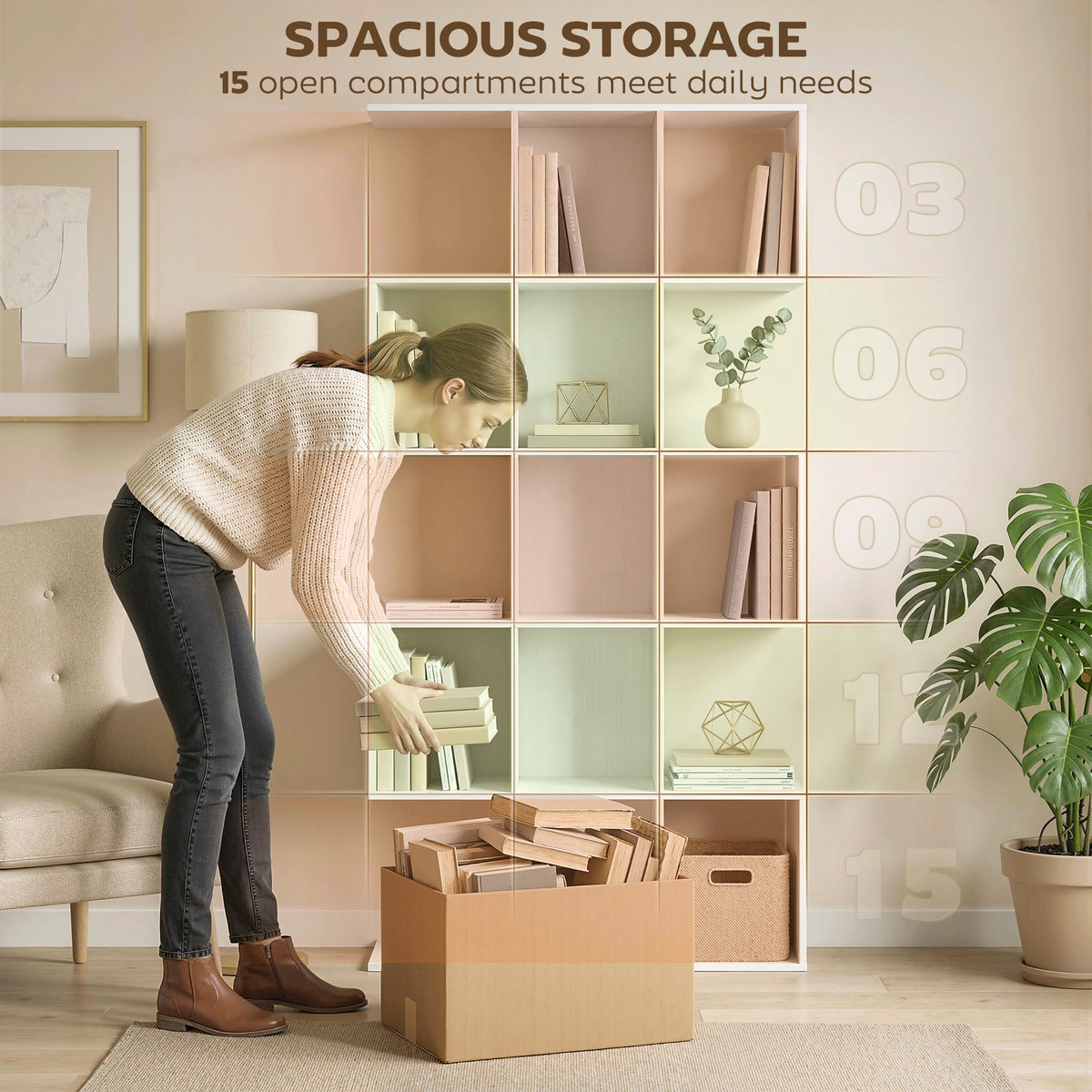 5-Tier S-Shaped Geometric Bookshelf - White Wood Grain 62" H-Home Furnishings > Storage & Organization > Bookshelves & Bookcases > Display Bookshelves-DECOROLALA