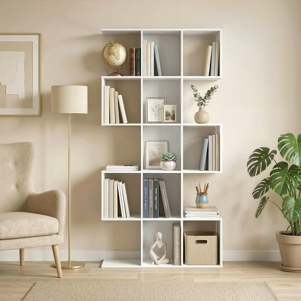 5-Tier S-Shaped Geometric Bookshelf - White Wood Grain 62" H-Home Furnishings > Storage & Organization > Bookshelves & Bookcases > Display Bookshelves-DECOROLALA