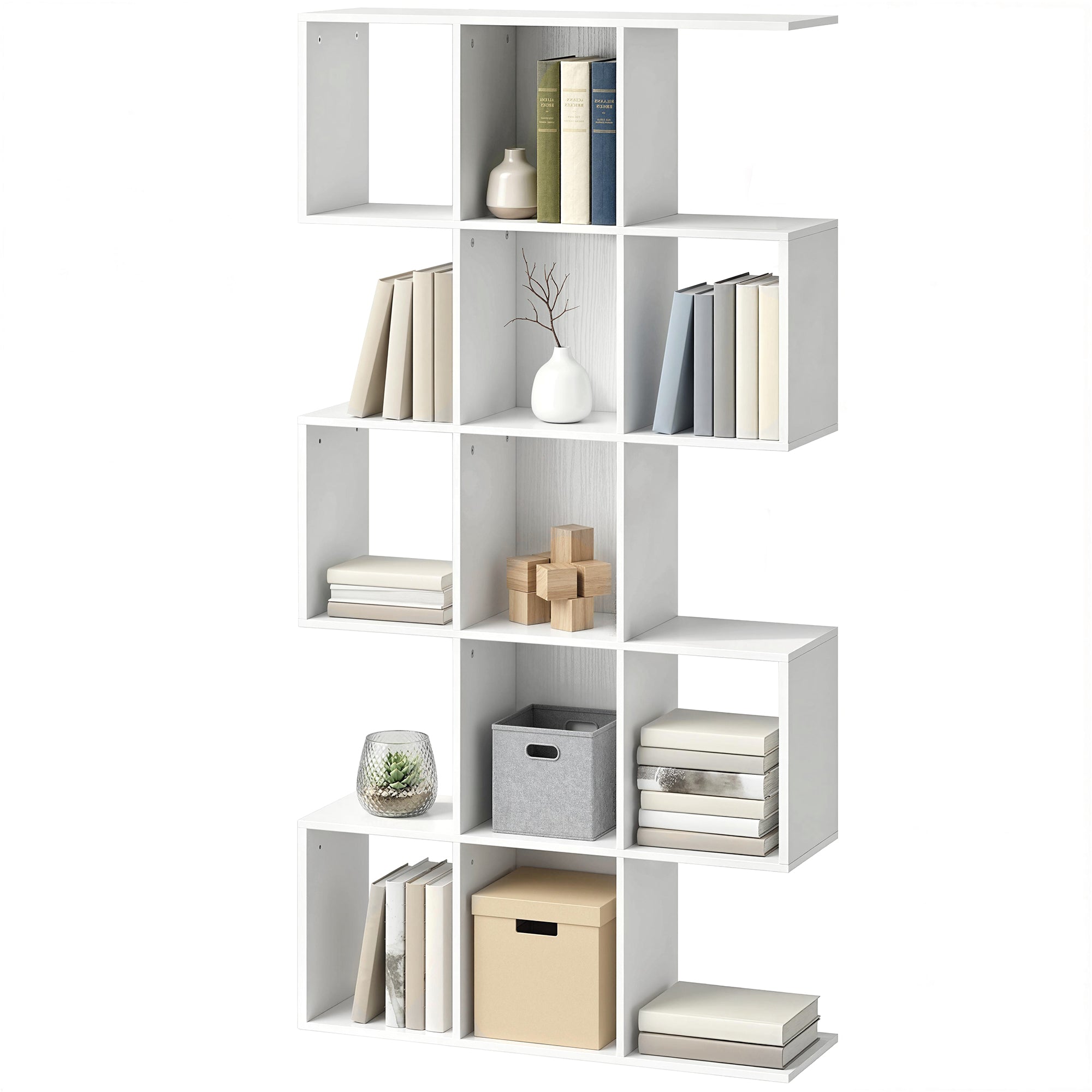 5-Tier S-Shaped Geometric Bookshelf - White Wood Grain 62" H-Home Furnishings > Storage & Organization > Bookshelves & Bookcases > Display Bookshelves-DECOROLALA