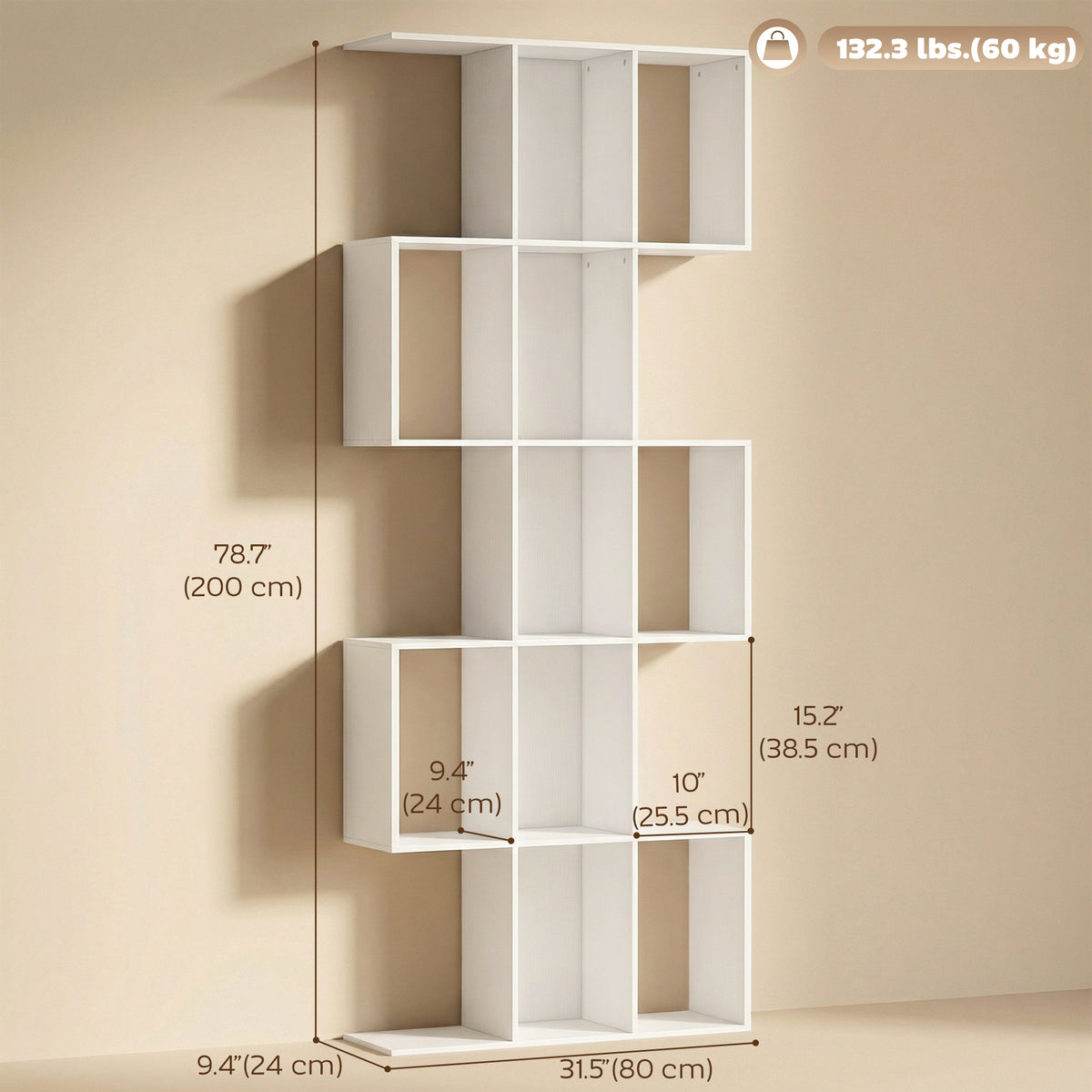 5-Tier S-Shaped Geometric Bookshelf - White Wood Grain 79" H-Home Furnishings > Storage & Organization > Bookshelves & Bookcases > Display Bookshelves-DECOROLALA