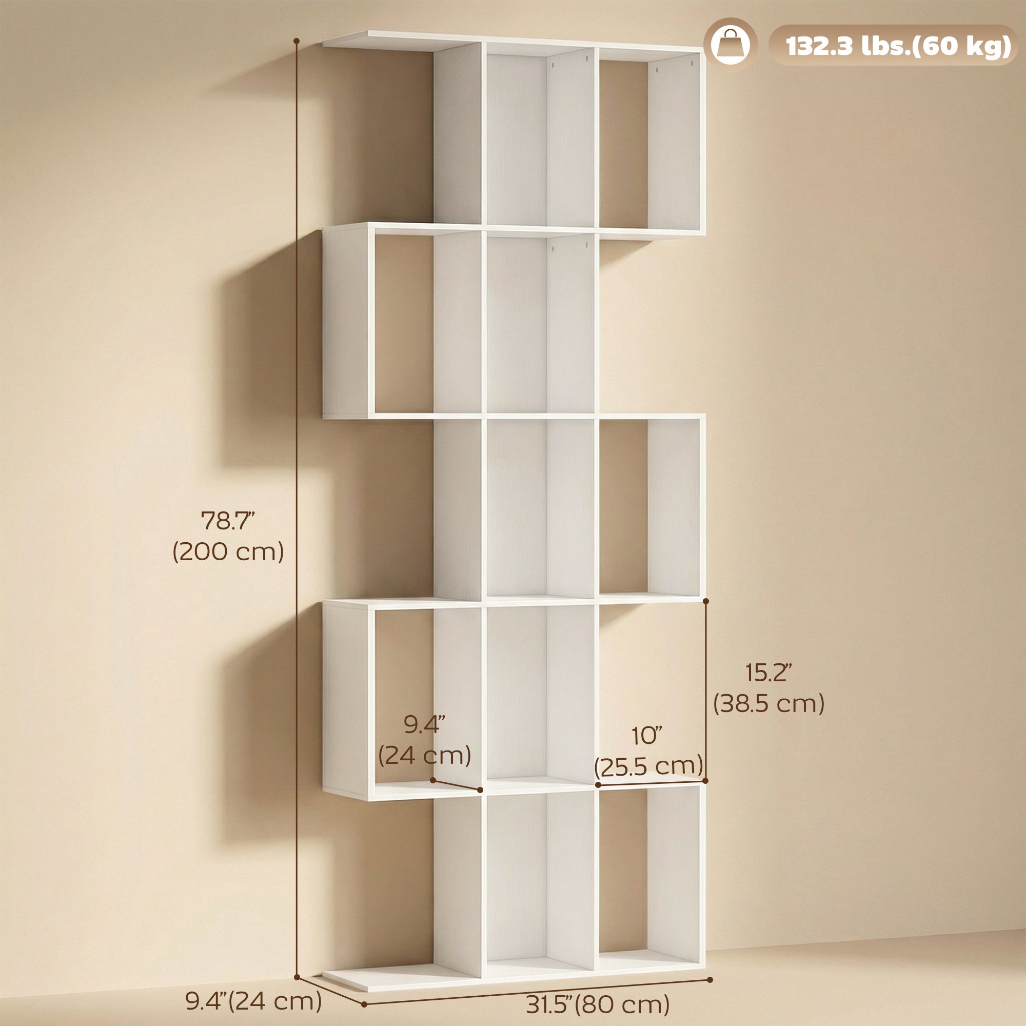 5-Tier S-Shaped Geometric Bookshelf - White Wood Grain 79" H-Home Furnishings > Storage & Organization > Bookshelves & Bookcases > Display Bookshelves-DECOROLALA