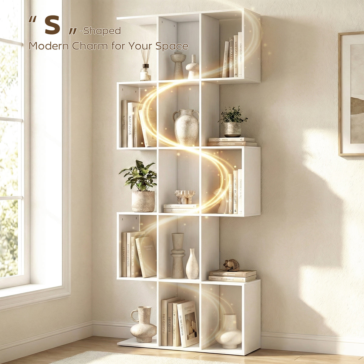 5-Tier S-Shaped Geometric Bookshelf - White Wood Grain 79" H-Home Furnishings > Storage & Organization > Bookshelves & Bookcases > Display Bookshelves-DECOROLALA