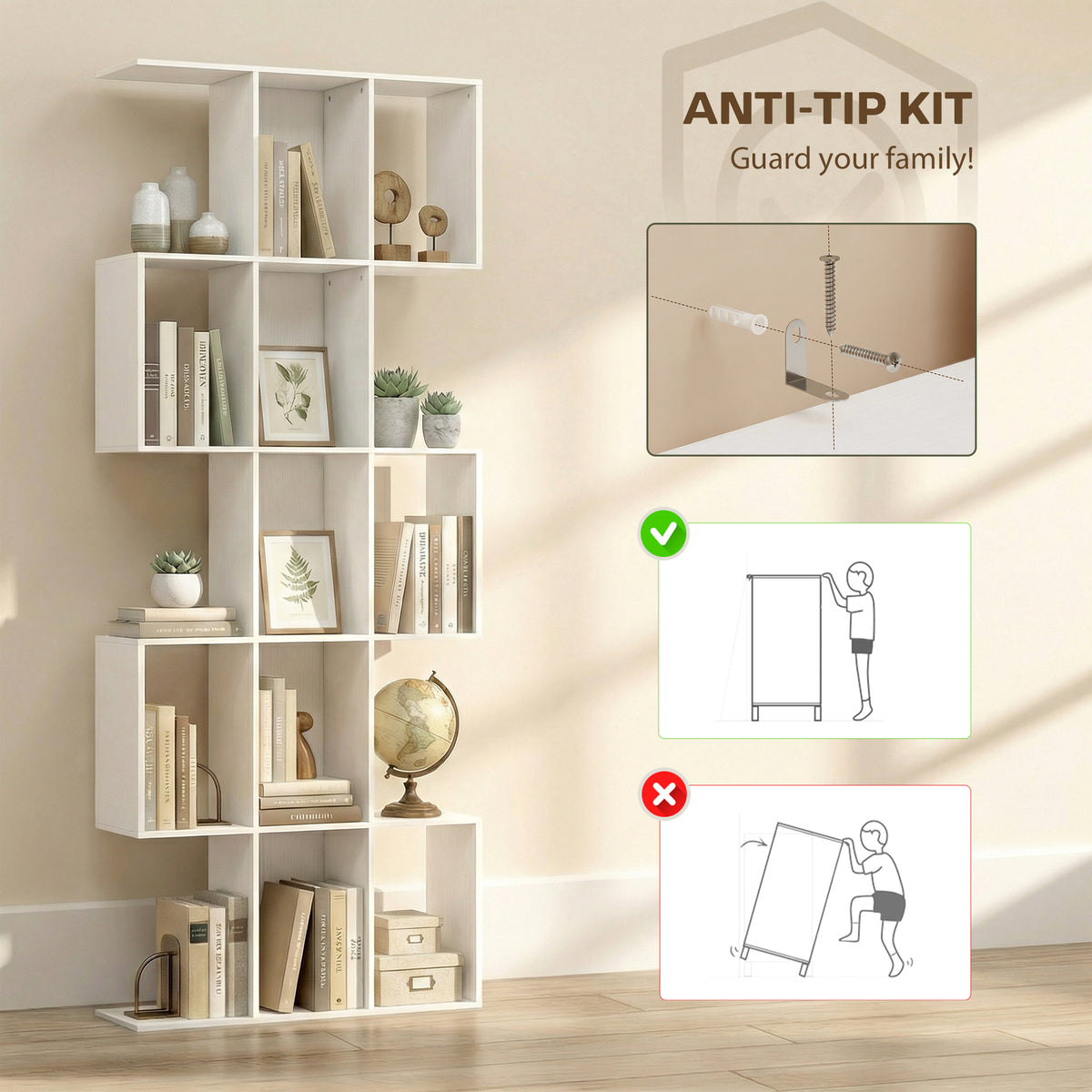 5-Tier S-Shaped Geometric Bookshelf - White Wood Grain 79" H-Home Furnishings > Storage & Organization > Bookshelves & Bookcases > Display Bookshelves-DECOROLALA