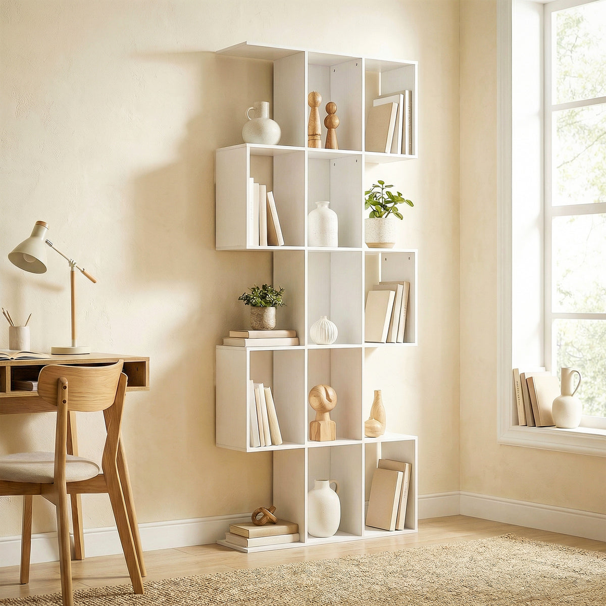 5-Tier S-Shaped Geometric Bookshelf - White Wood Grain 79" H-Home Furnishings > Storage & Organization > Bookshelves & Bookcases > Display Bookshelves-DECOROLALA