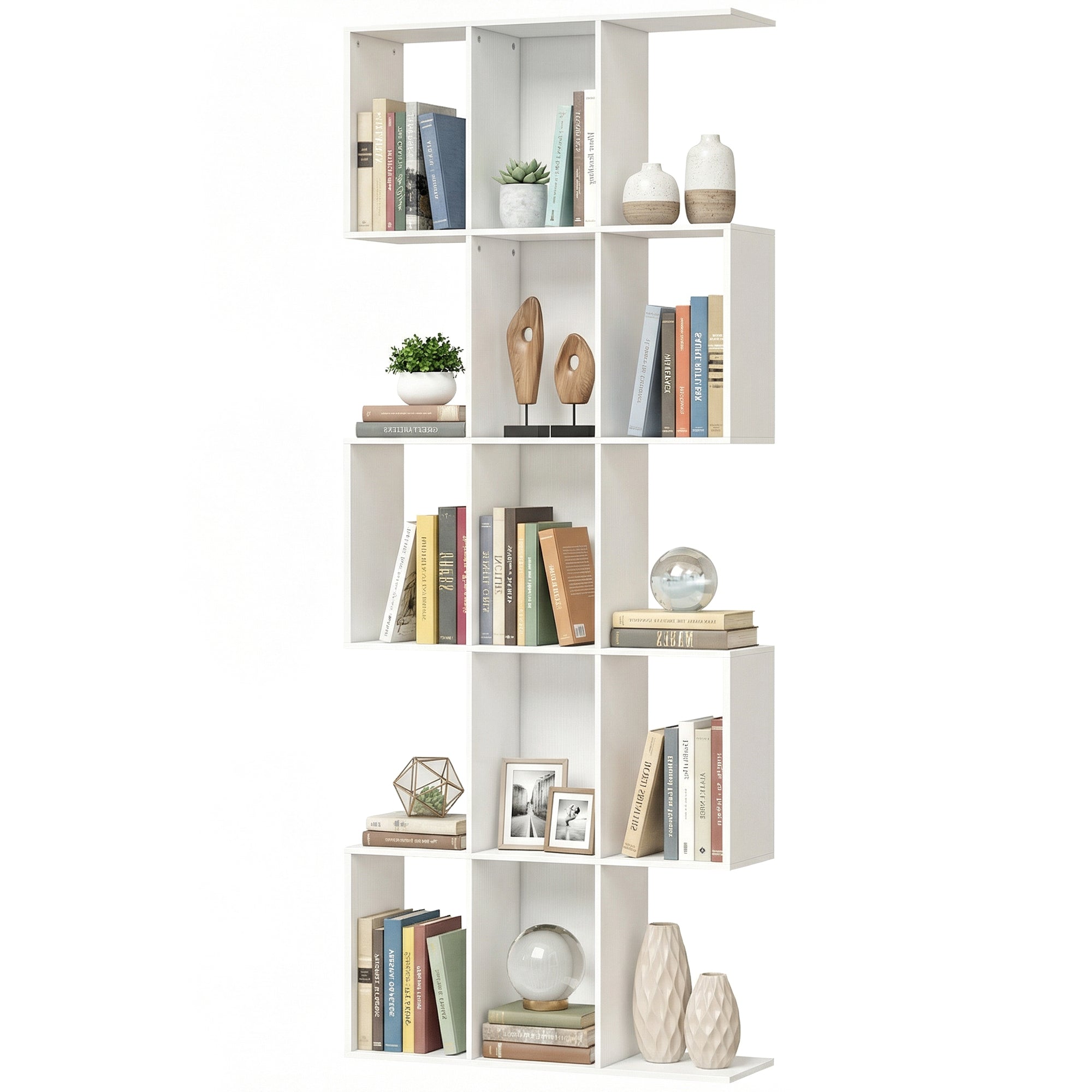 5-Tier S-Shaped Geometric Bookshelf - White Wood Grain 79" H-Home Furnishings > Storage & Organization > Bookshelves & Bookcases > Display Bookshelves-DECOROLALA