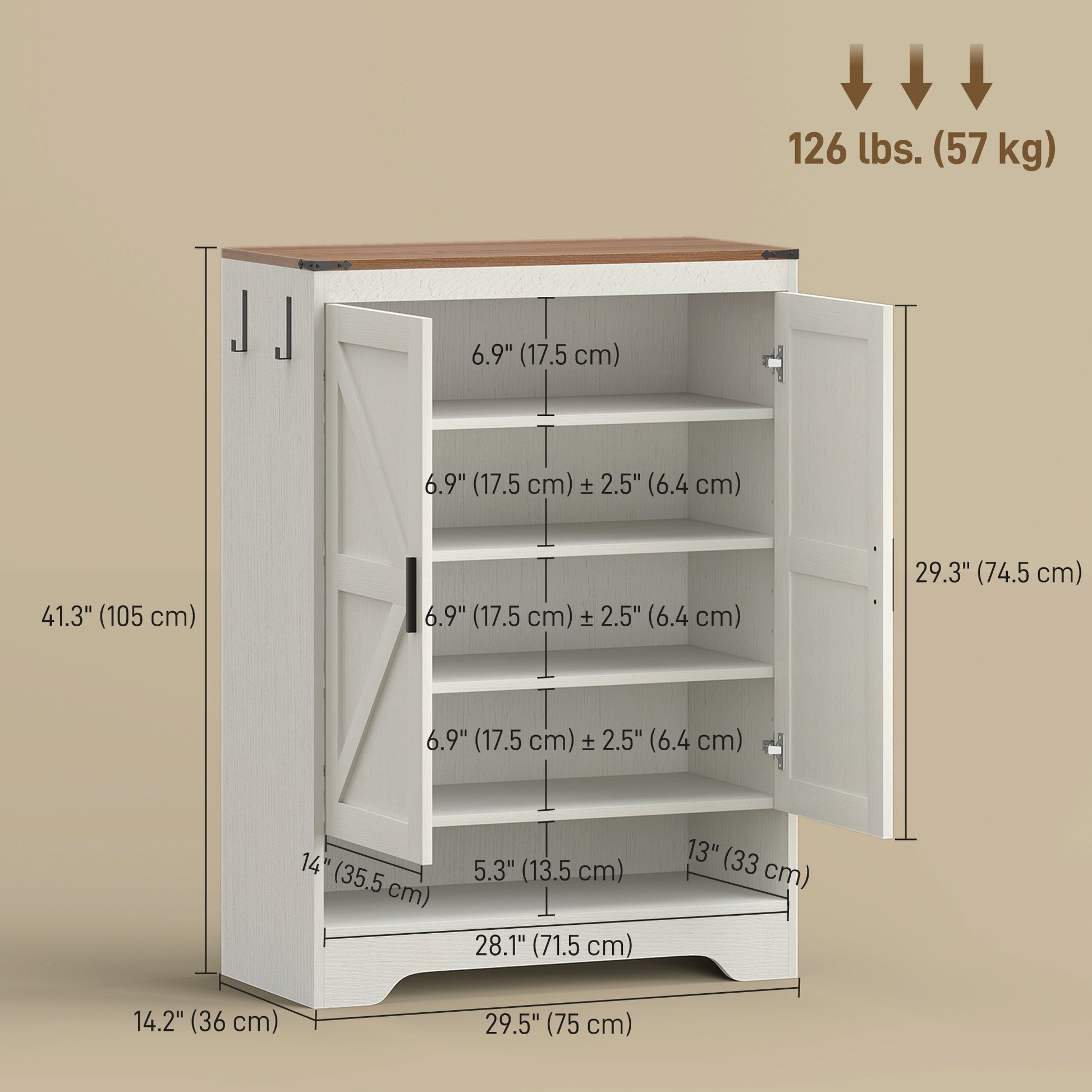 5-Tier Shoe Storage Cabinet for 15 Pairs, Freestanding Farmhouse Shoe Cabinet, White-Home Furnishings > Storage & Organization > Shoe Storage Cabinets & Racks-DECOROLALA