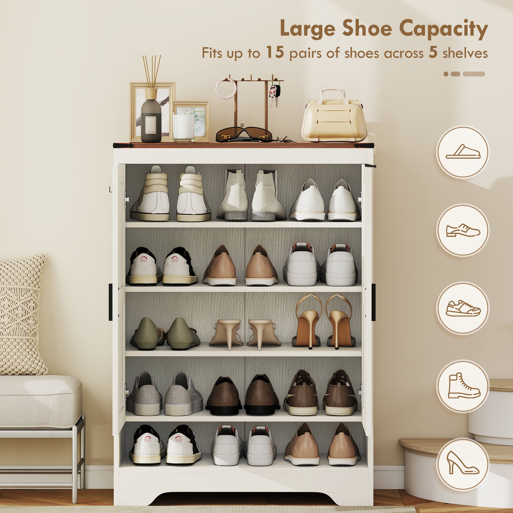 5-Tier Shoe Storage Cabinet for 15 Pairs, Freestanding Farmhouse Shoe Cabinet, White-Home Furnishings > Storage & Organization > Shoe Storage Cabinets & Racks-DECOROLALA