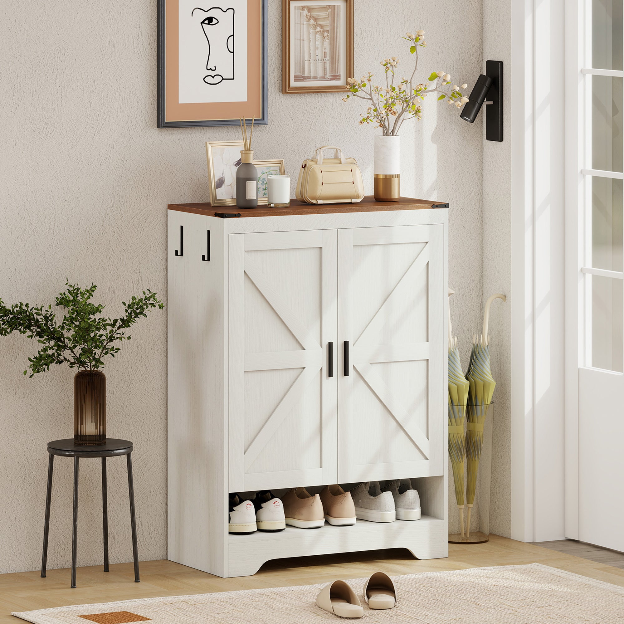 5-Tier Shoe Storage Cabinet for 15 Pairs, Freestanding Farmhouse Shoe Cabinet, White-Home Furnishings > Storage & Organization > Shoe Storage Cabinets & Racks-DECOROLALA