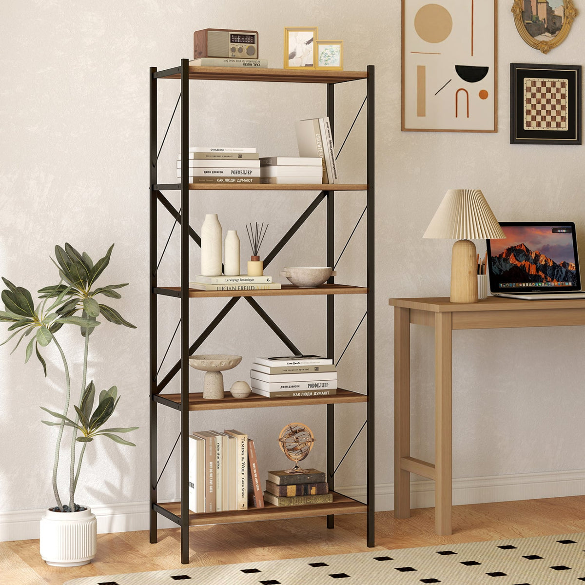 5-Tier Tall Bookshelf Industrial Bookcase with Heavy-Duty Metal Frame Modern Storage-Walnut-Bookcases-DECOROLALA