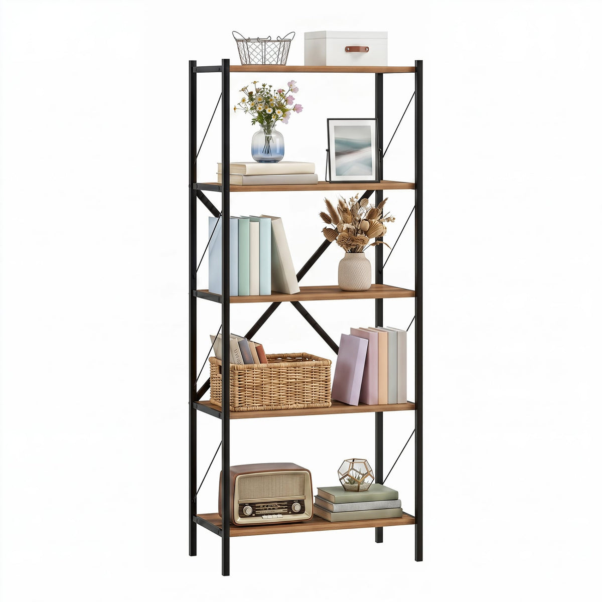 5-Tier Tall Bookshelf Industrial Bookcase with Heavy-Duty Metal Frame Modern Storage-Walnut-Bookcases-DECOROLALA