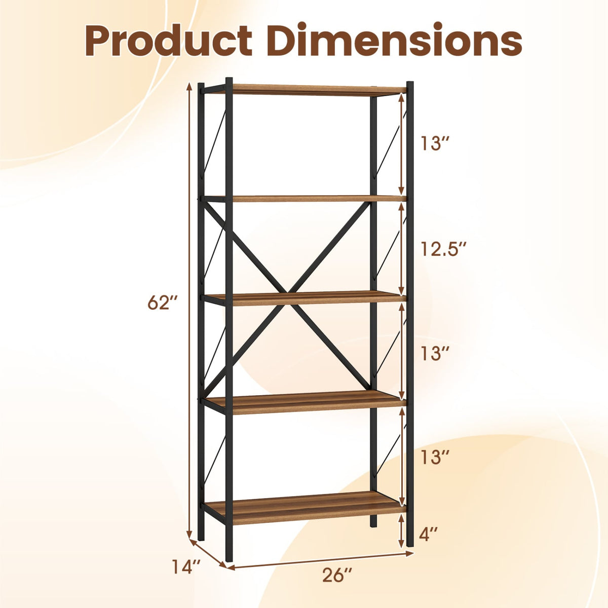 5-Tier Tall Bookshelf Industrial Bookcase with Heavy-Duty Metal Frame Modern Storage-Walnut-Bookcases-DECOROLALA