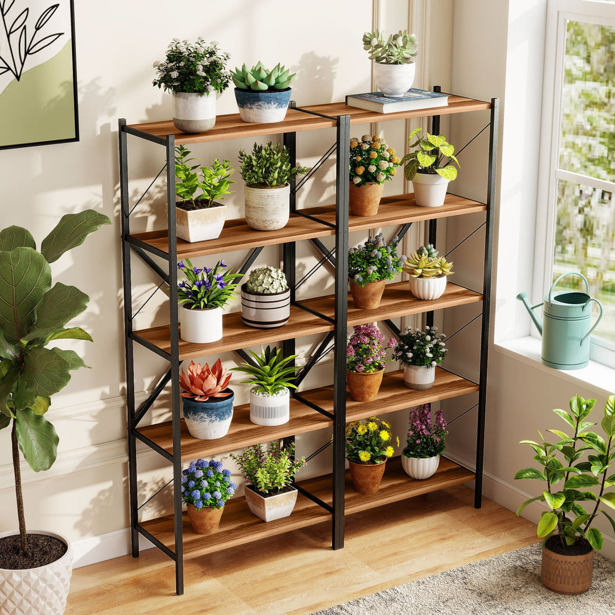 5-Tier Tall Bookshelf Industrial Bookcase with Heavy-Duty Metal Frame Modern Storage-Walnut-Bookcases-DECOROLALA