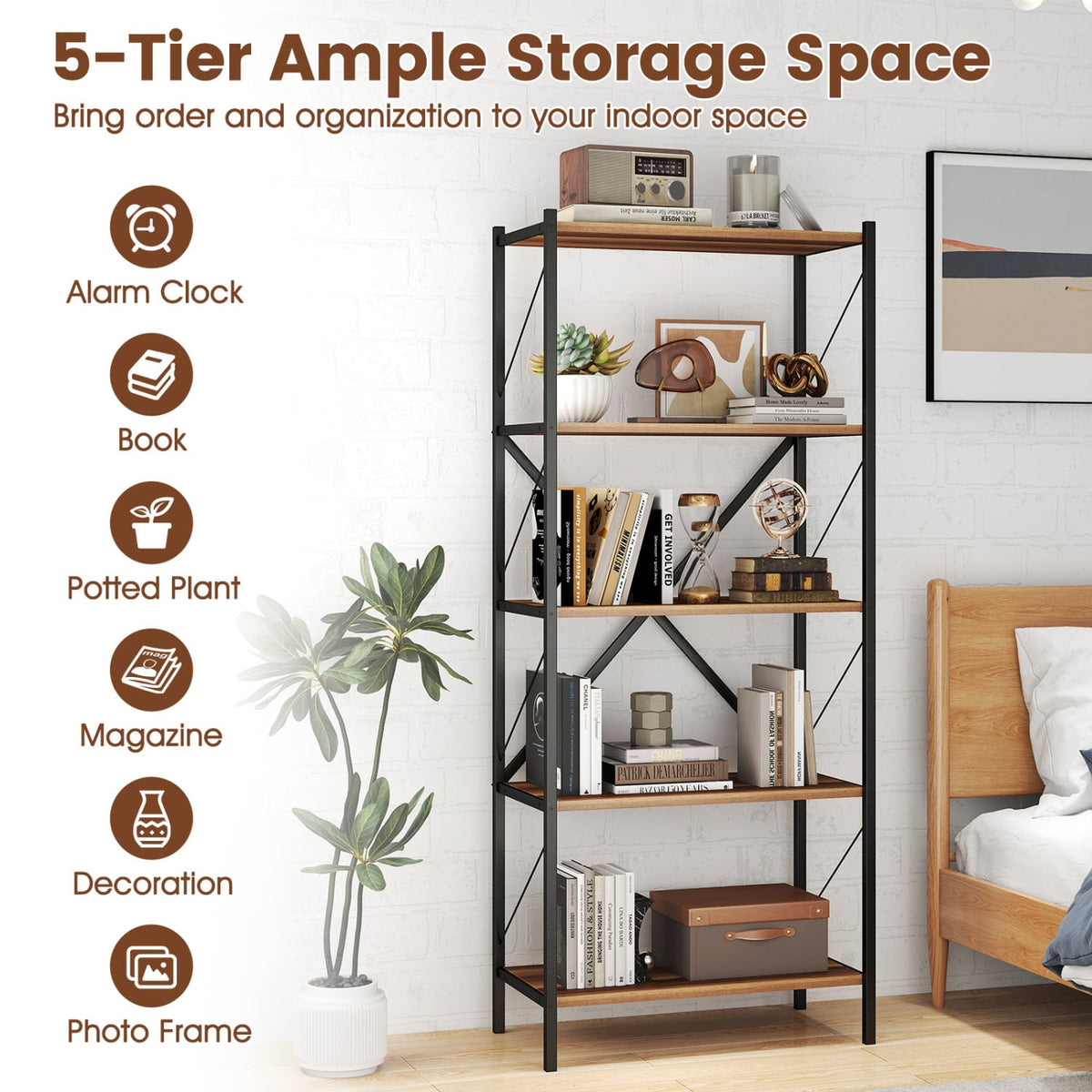 5-Tier Tall Bookshelf Industrial Bookcase with Heavy-Duty Metal Frame Modern Storage-Walnut-Bookcases-DECOROLALA