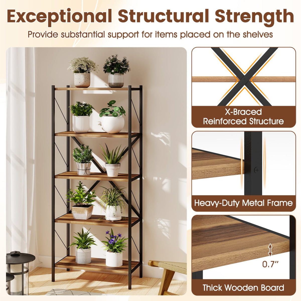 5-Tier Tall Bookshelf Industrial Bookcase with Heavy-Duty Metal Frame Modern Storage-Walnut-Bookcases-DECOROLALA
