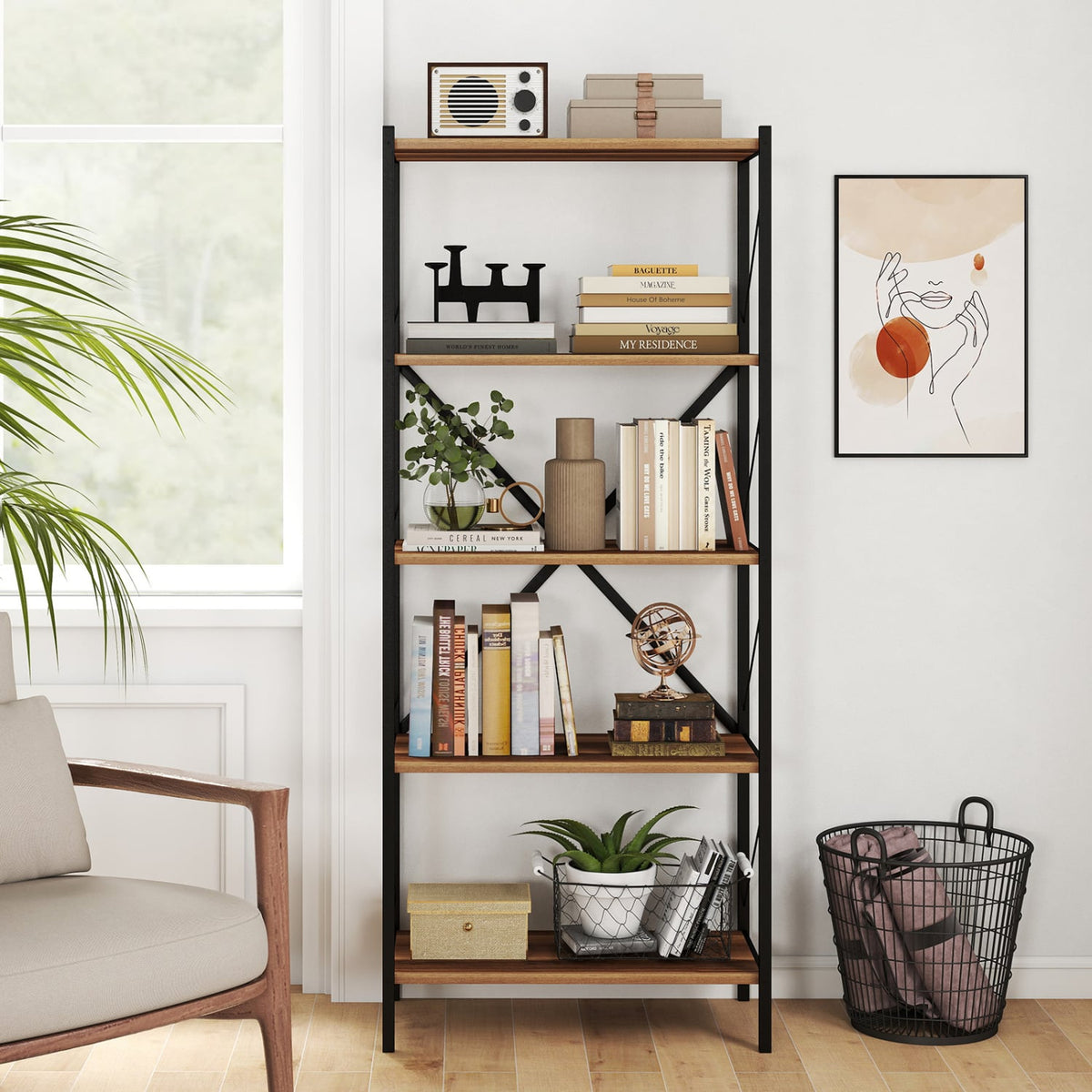 5-Tier Tall Bookshelf Industrial Bookcase with Heavy-Duty Metal Frame Modern Storage-Walnut-Bookcases-DECOROLALA