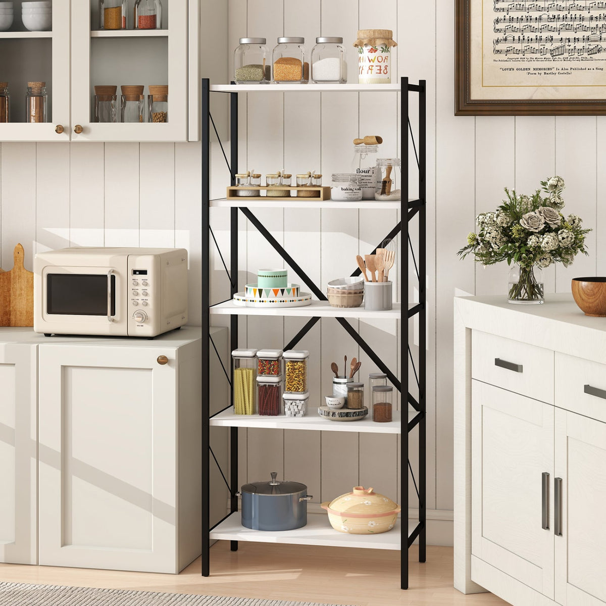 5-Tier Tall Bookshelf Industrial Bookcase with Heavy-Duty Metal Frame Modern Storage-White-Bookcases-DECOROLALA
