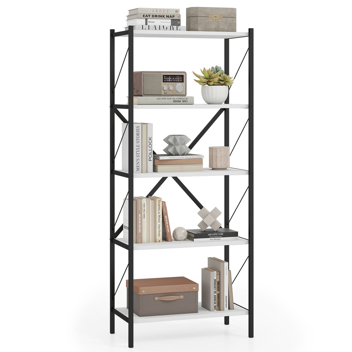 5-Tier Tall Bookshelf Industrial Bookcase with Heavy-Duty Metal Frame Modern Storage-White-Bookcases-DECOROLALA