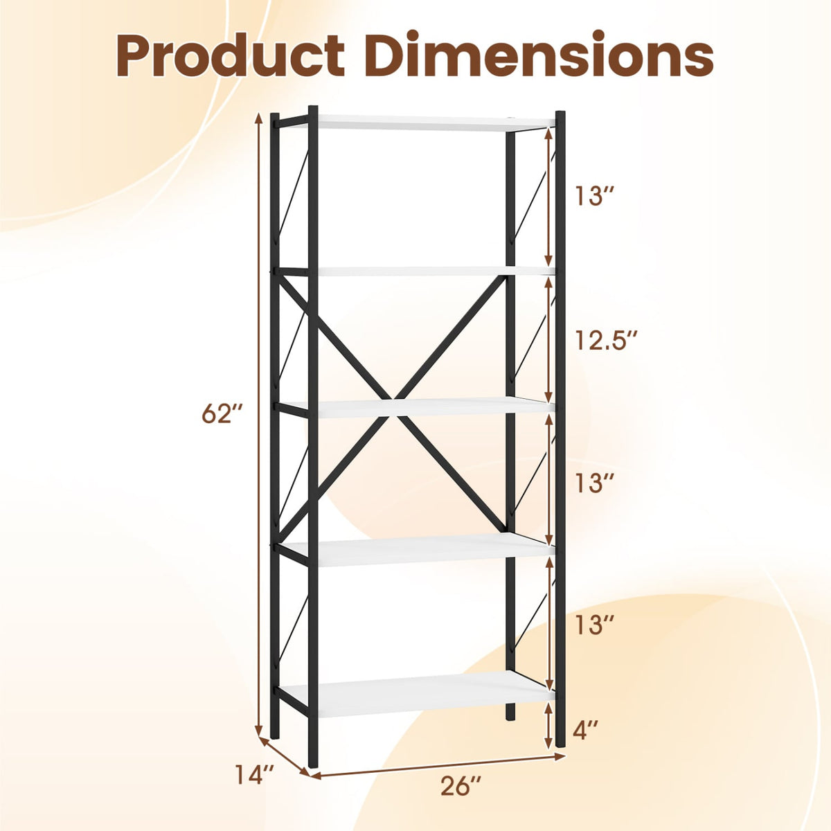 5-Tier Tall Bookshelf Industrial Bookcase with Heavy-Duty Metal Frame Modern Storage-White-Bookcases-DECOROLALA